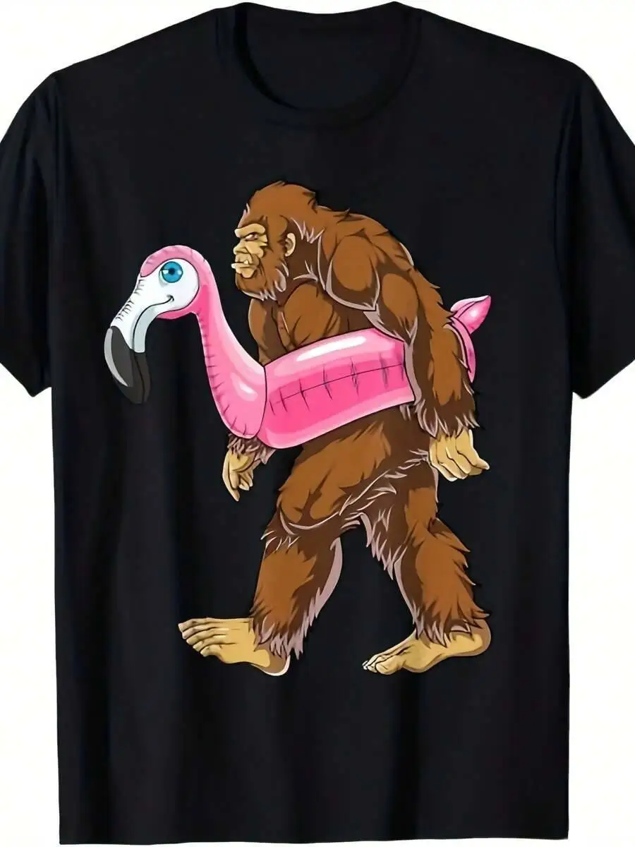 Pool Party Big Foot Flamingo Pattern Men's Short Sleeve And Comfortable Round Neck T-Shirt, Daily Wear Top 100% Cotton Trendy