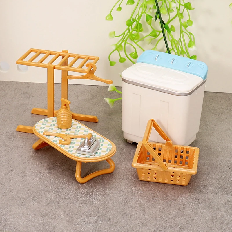 Dollhouse Miniature Furniture Set for Kids, Máquina de lavar roupa, roupas, estante de secagem, Iron Laundry Set, Toy Doll Furniture, Pretend Play, 1:12