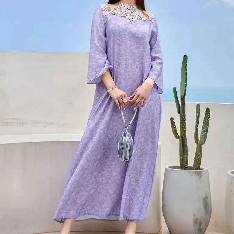 Ba5008 ラベンダーパープルパッチワークレース刺繍ラインストーンプリントローブローブアバヤラマダン ドバイラグジュアリーイスラムエレガント