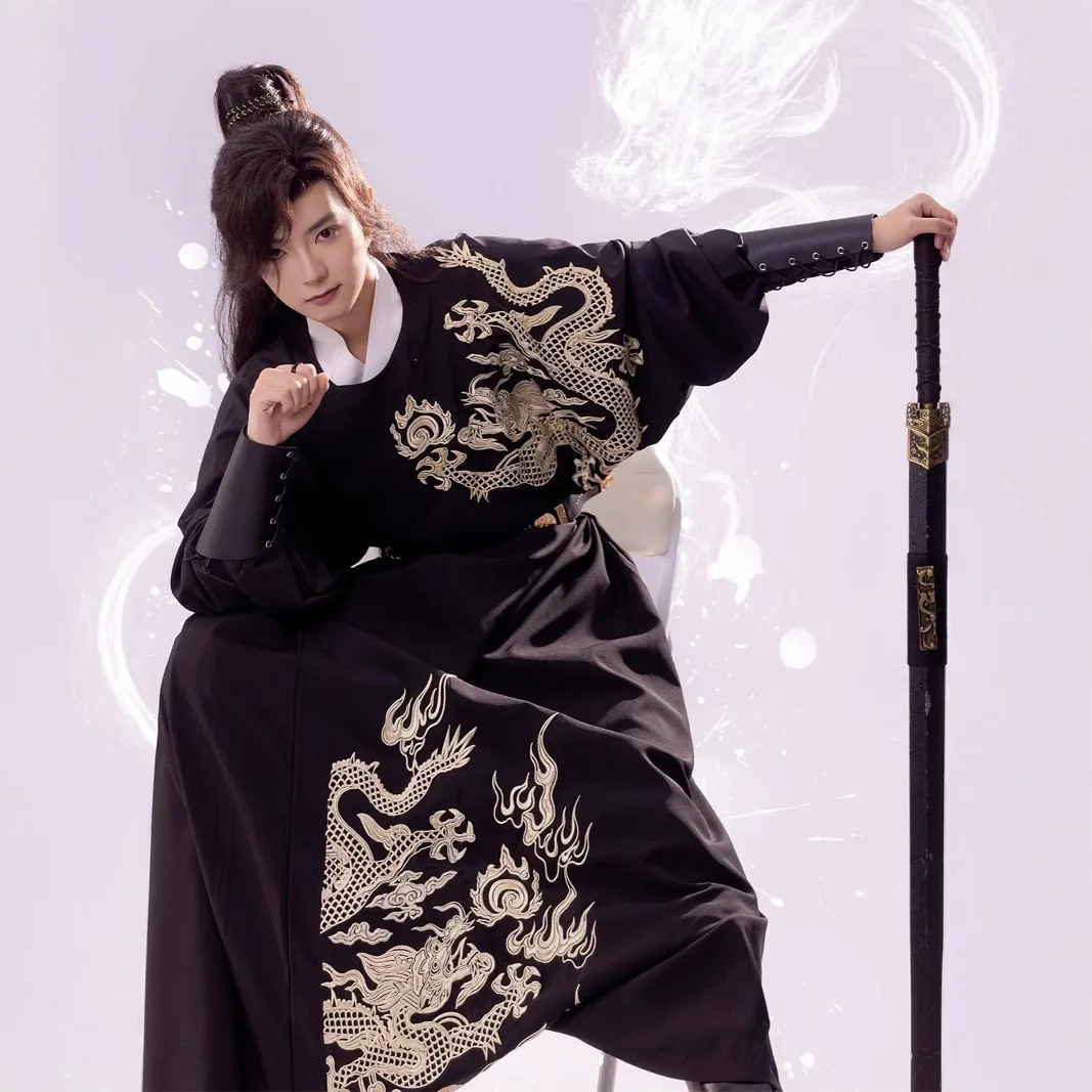 

Hanfu Embroidery round Neck Gown Men's Ancient Costume Autumn and Winter New Adult Retro Style