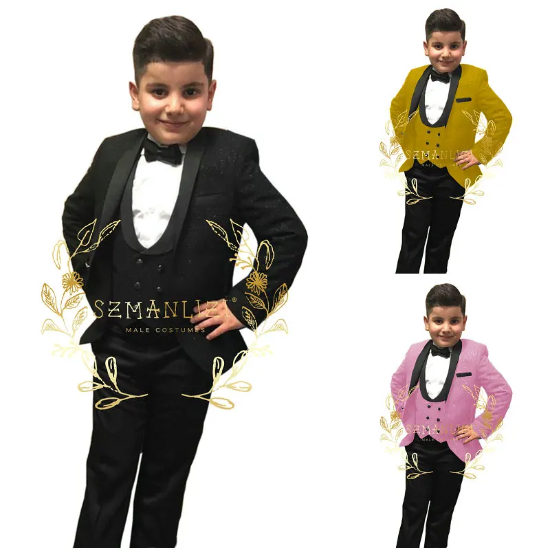 Black Shiny Boy Formal Suits Dinner Tuxedos Flower Boys Groomsmen Kids For Wedding Party Evening Suit Wear (Jacket+Vest+Pant)