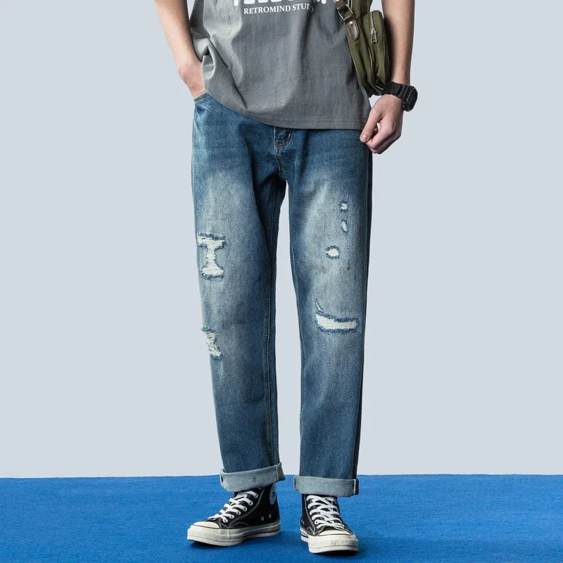 New Arrival Spring Summer New Men's Selvedge Jeans Slim Fit Piercing Washed Destroy Denim Pants