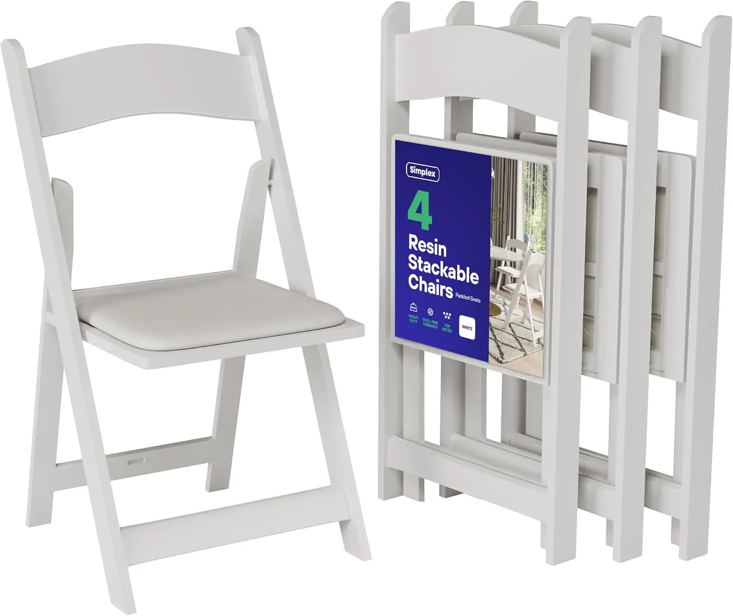 

4 White Resin Folding Chairs, Comfortable White Foldable Chair, Stackable Chairs with Padded Seats,Indoor/Outdoor Folding Chairs