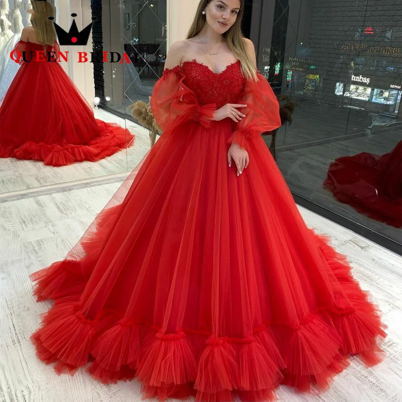 Elegant A Line Prom Dresses Red Lace Applique Tulle Off The Shoulder Sweetheart Evening Party Gowns Balo Elbise Custom D25C