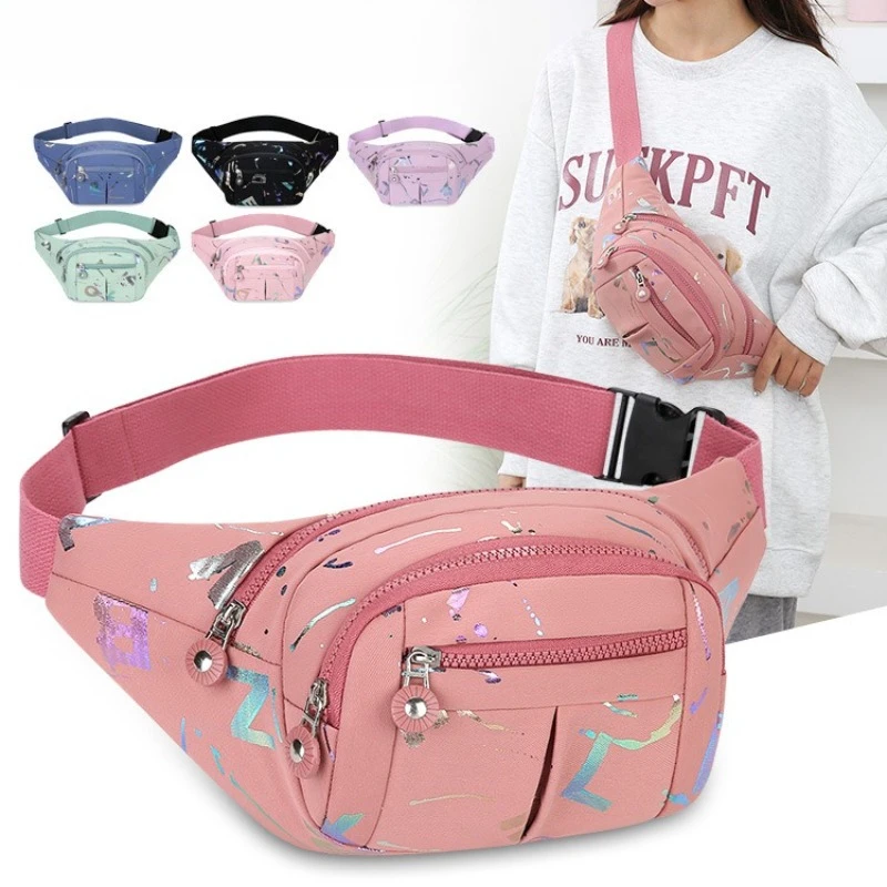 Women Printed Stitching Oxford Fabric Fanny Pack, Lightweight Multi Pocket Casual Waist Bag for Daily Commute Travel