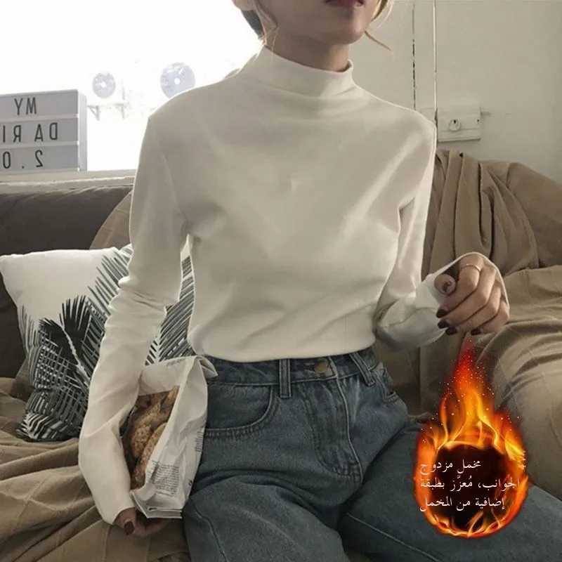 Double-Sided Velvet Slim Fit Long Sleeve T-Shirt Women's Autumn Winter Base Layer Shirt Half High Collar Versatile White Inne...
