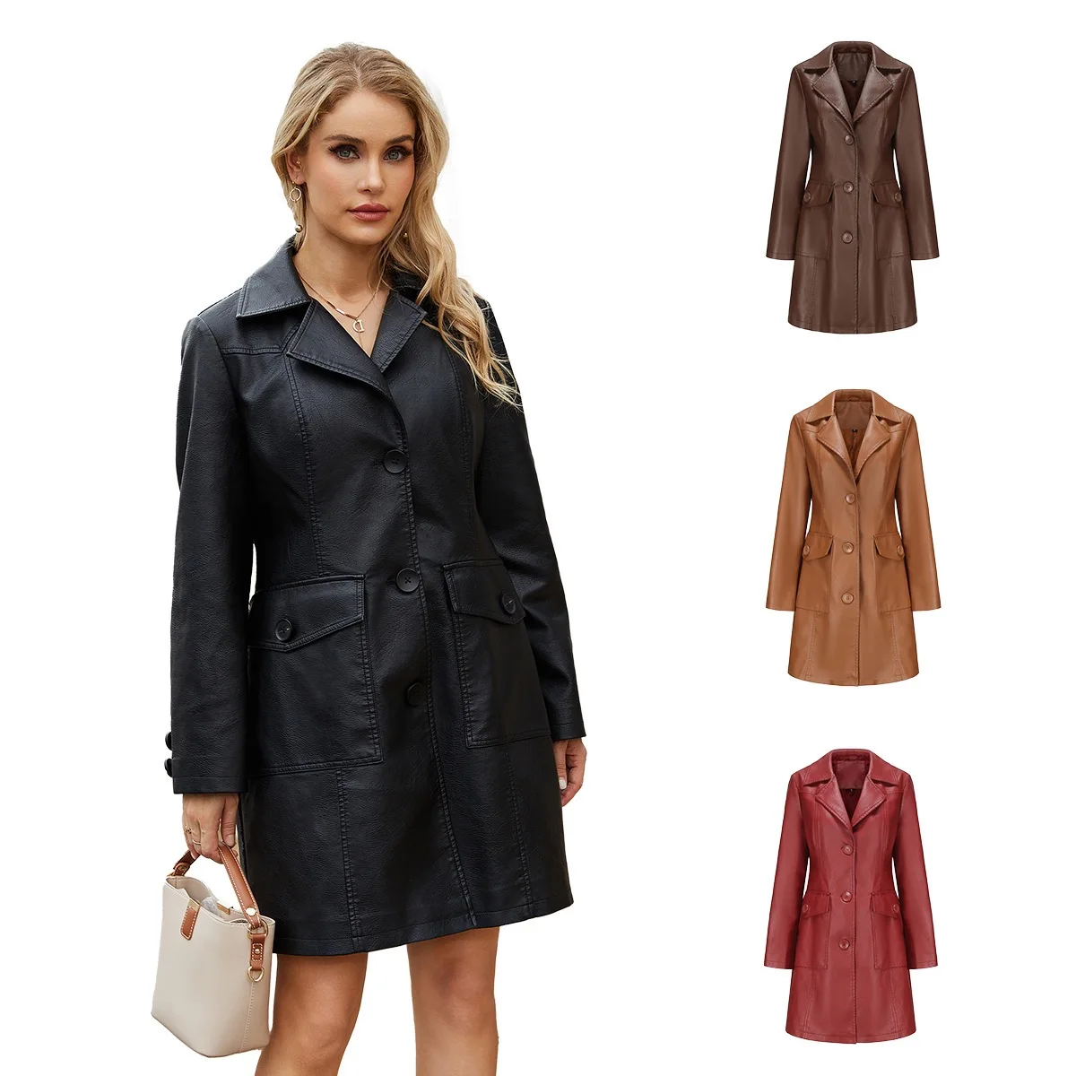 

New Spring Autumn Women's Long-Sleeved Lapel Single-Breasted Fashionable British Long Leather Trench Coat