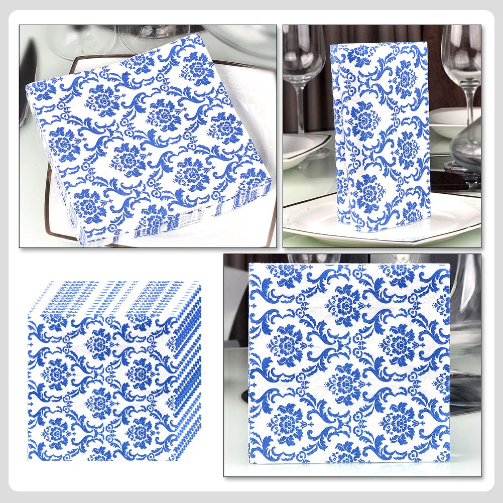 80 Sheets Blue White Napkins Vintage Decor Tissue Paper Decorative Banquet Bride