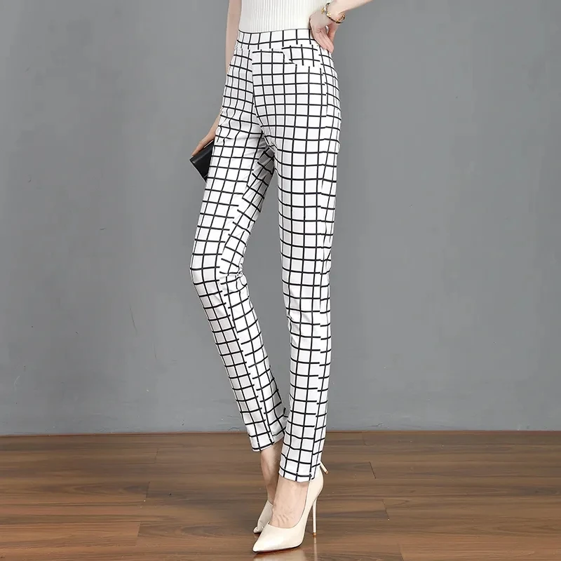 Black And White Checkered Printed Pants Women Stretch Versatile Straight Simple Trousers 2024 Spring Autumn NewWomen\'s Pants