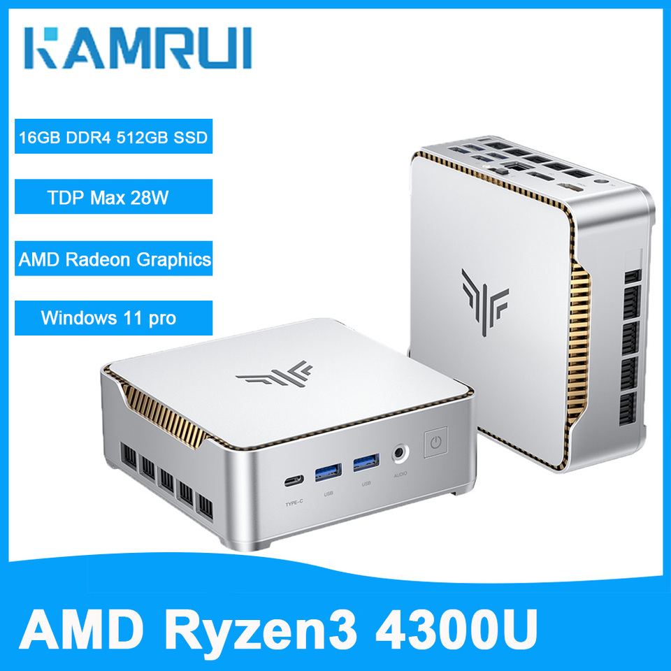  KAMRU Mini PC AMD Ryzen3 4300U 16GB DDR4 512GB M.2 SSD Up to 3.7GHz Windows 11 PRO WIFI2.4G+5G Micro Desktop Computer for Office 
