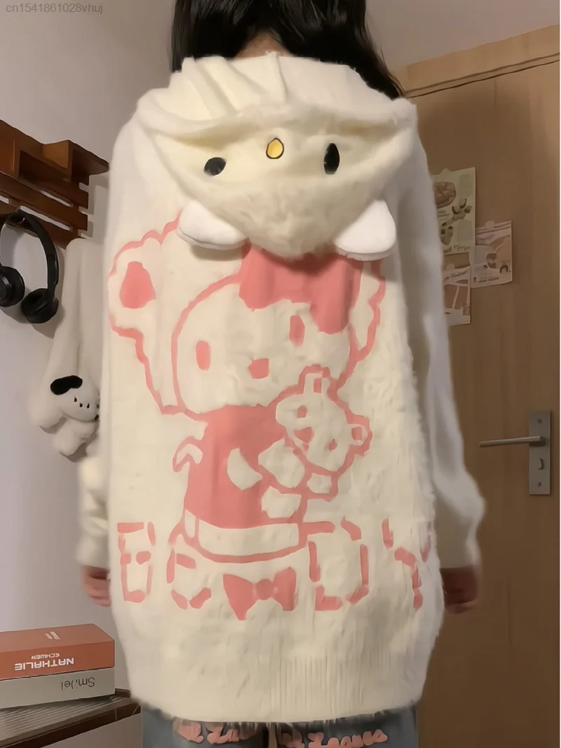 Sanrio Hello Kitty Zipper Knit Female Loose INS Fashion Campus Style Zip Up Sweater Kawaii Anime Plush Cardigan Knitwear Hoodie