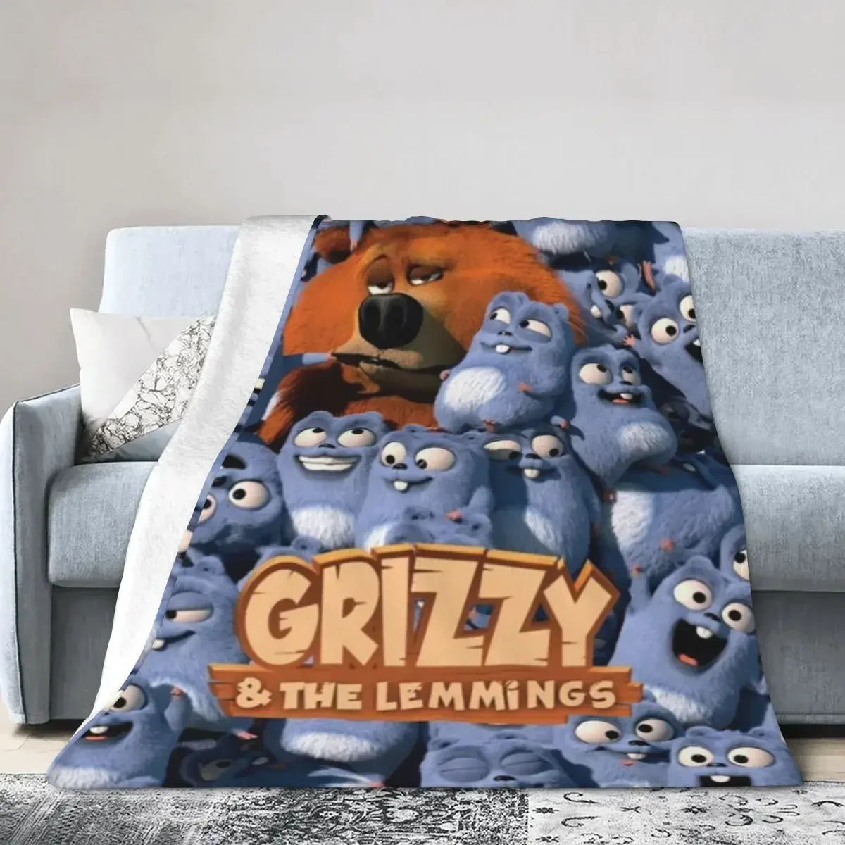 Funny Grizzy And The Lemmings Cartoon Character Blanket Flannel Throw Blanket Cover for Bed Living room Picnic Travel Home Couch