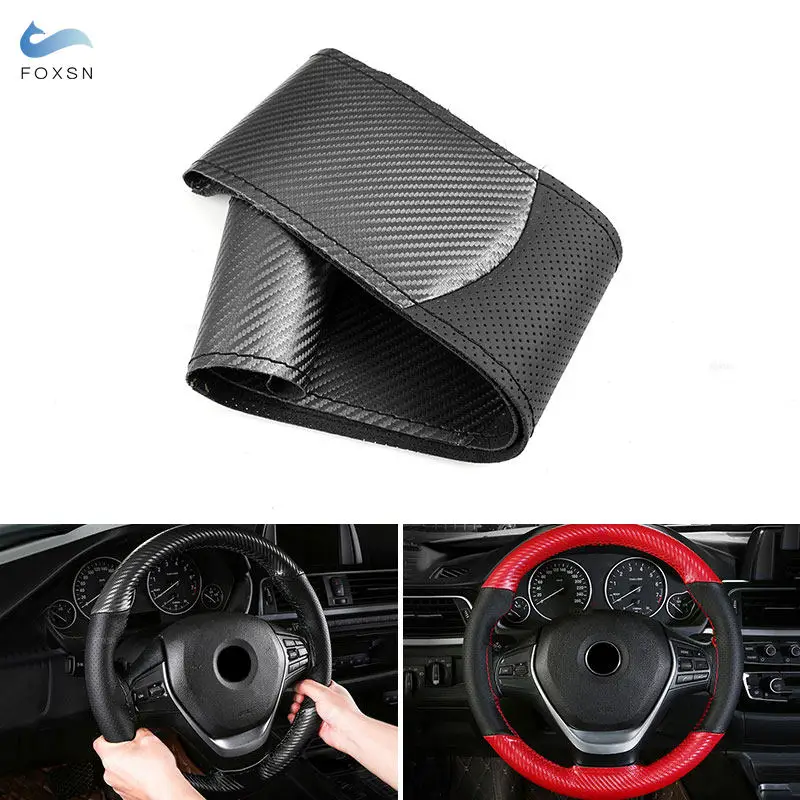 Universal 38CM Carbon Fiber + Perforated Leather Splice Car Inner Steering Wheel Hand Braid Cover Auto Interior Accessories