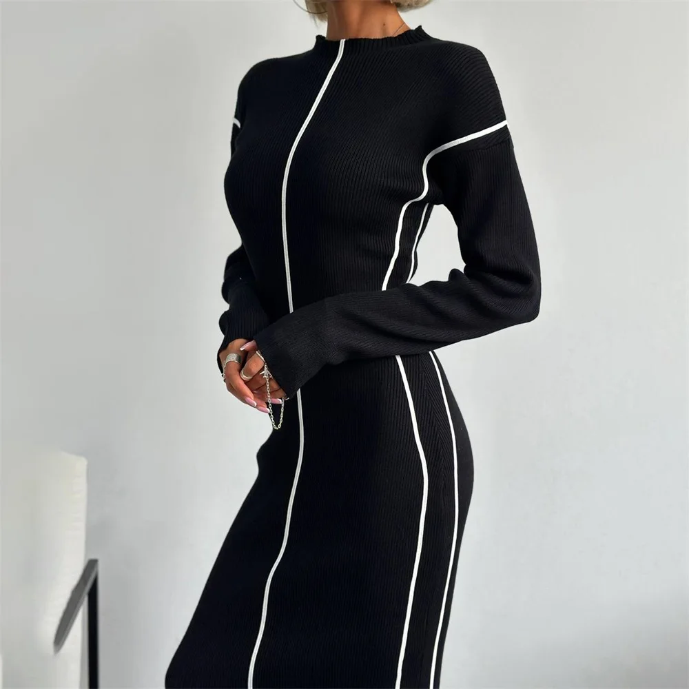 High Street Bright Line Decoration Dresses Autumn 2024 Women Elegant Slim Dyeing O Neck Long Sleeved Designer Vintage Dresses