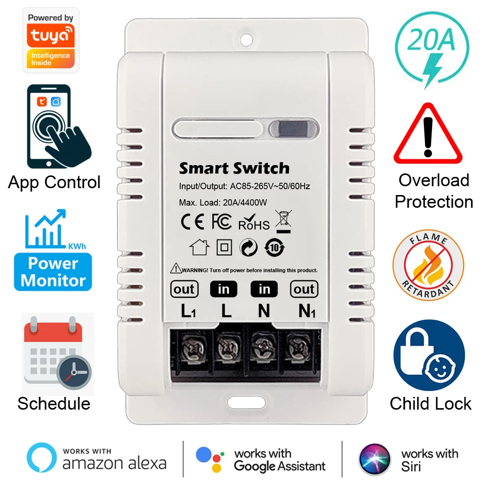 Tuya 20A Smart Switch Circuit Breaker APP Control Power Monitor Overload Protection Works with Alexa Google Home Siri