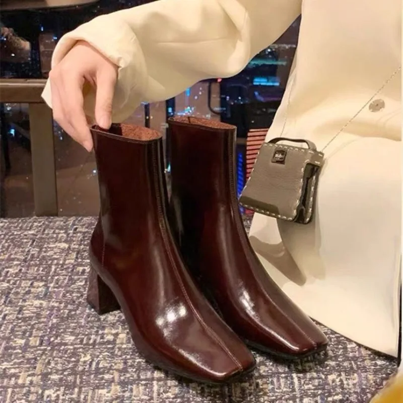 

New Women Shoes French Style Soft Leather Ankle Boots for Woman Fashion Square Head High Heeled Boots Designer Shoes Botas Mujer