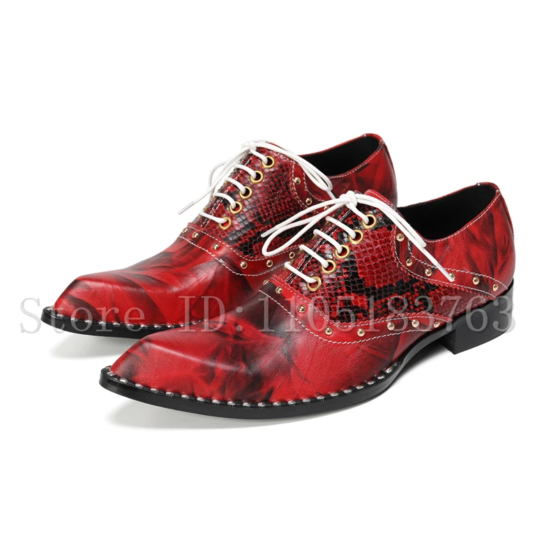 Luxury Handcrafted Red Floral Snakeskin Studded Oxford Shoes, Men Fashion Pointed Toe Lace-Up Formal Dress Shoes