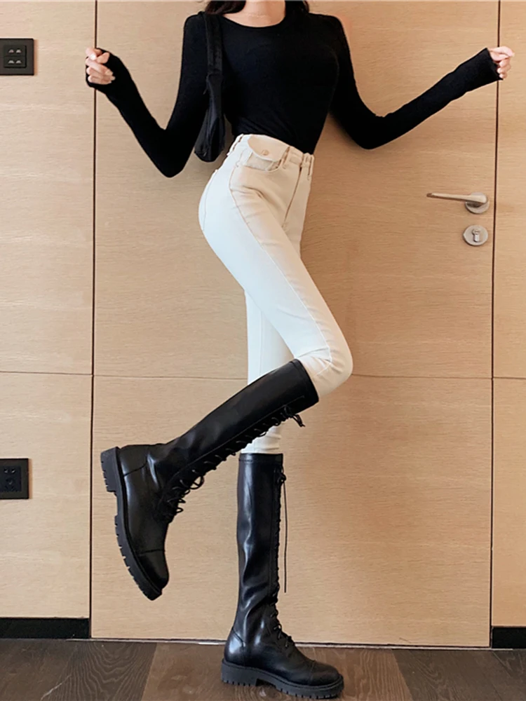 Vintage Korean Retro White Skinny High-Waisted Fleece Jeans Women Slim-Fit Streetch Pencil Pants Trendy Denim Trousers Female