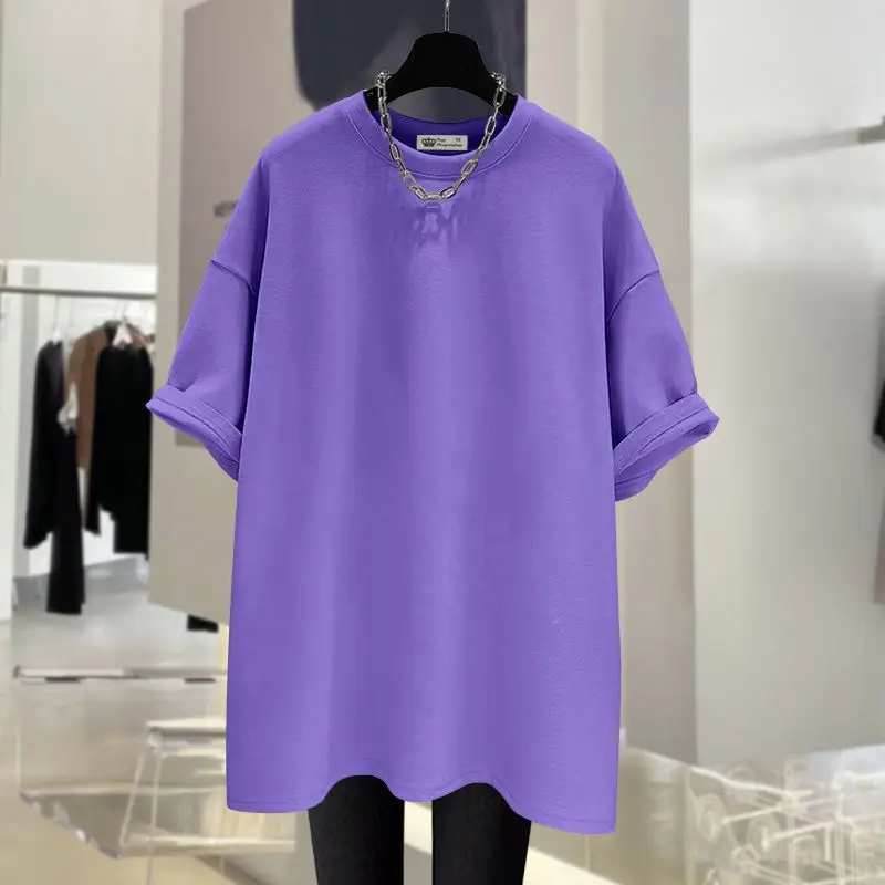 Lady Solid Color Simple Top Tees Summer Loose Crew Neck Short Sleeve Pure Cotton T-shirt Women  Basics Casual Pullover