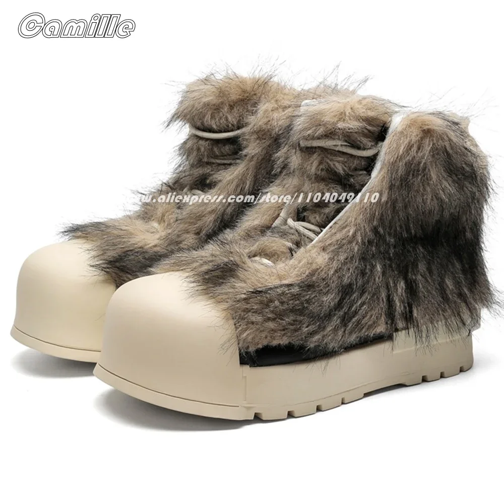 Fur Mixed Color SHort Plush Front Lace Up Snow Mid-Top Sneakers Winter NEW Size 36-44 Lady Snow Boots Round Toe Casual Boots