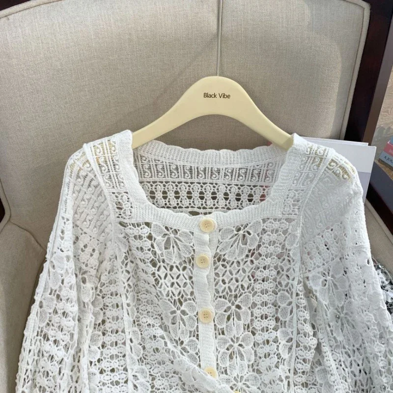 REALEFT Summer Lace Crochet Women\'s White Cardigan 2024 New Hollow Out Beach Bohemian Long Sleeve Short Tops Shirt Female