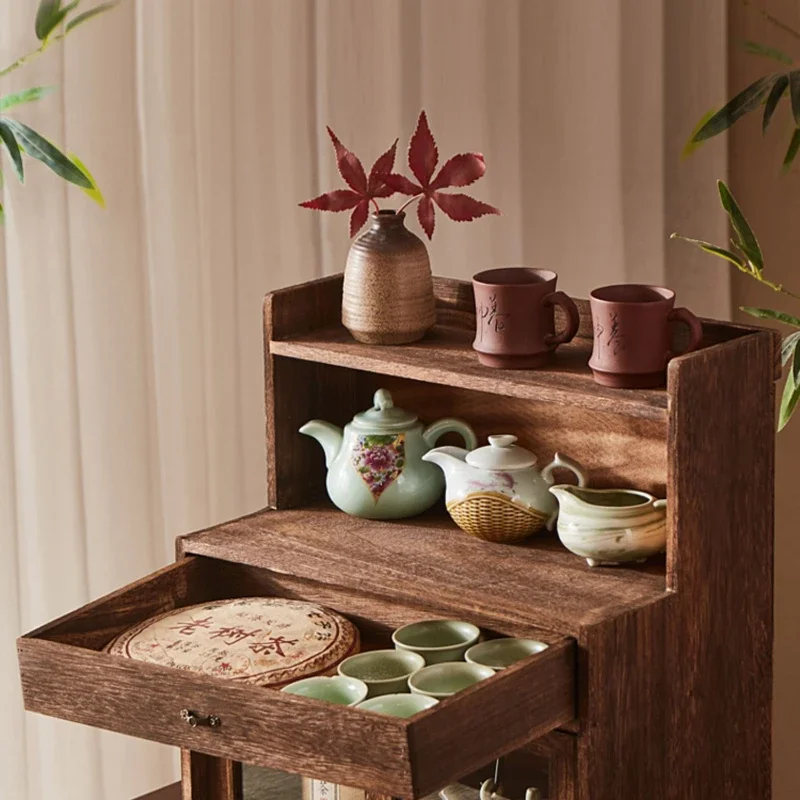 Desktop Teacup Storage Cabinet, Tea Set Display Shelf, Dustproof Organizer, Elegant Wooden Box, Antique Decor