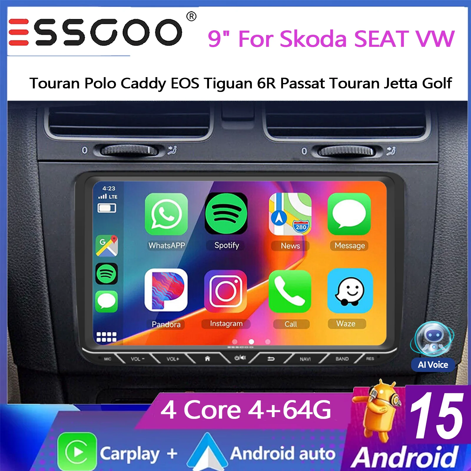 ESSGOO 9-Zoll Android 15 Autoradio für Skoda SEAT VW Passat B6 B7 Golf 5 6 Polo Tiguan T5 Touran Jetta 6R Kabelloses Carplay Android Auto 4+64G GPS NAVI RDS FM WIFI Bluetooth AI Sprachsteuerung Mirror