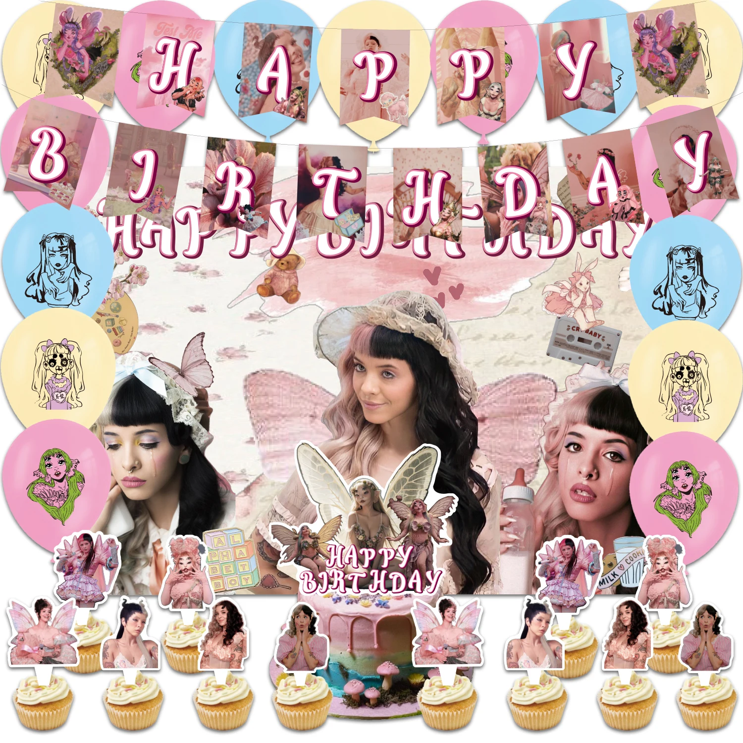 Melanie Martinez brithday Decoration Melanie Balloon Banner Cake Topper Backdrop Pop Singer Theme Party Supplies For Music Fans