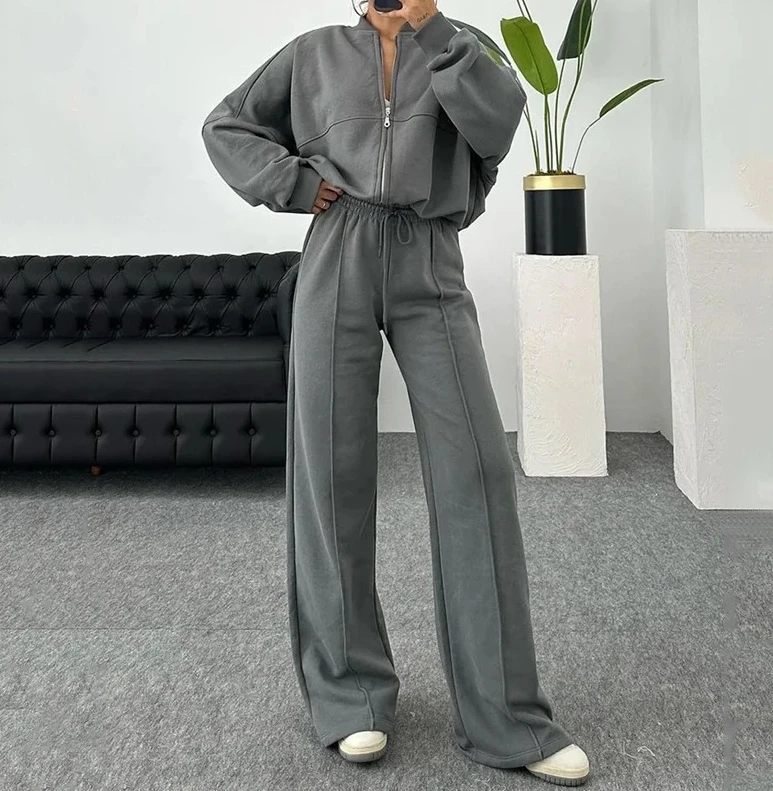 

Women's Two-piece Casual Daily Fashion Versatile Solid Zipper Design Loose Hoodie and Drawstring High Waist Wide Leg Pants Set