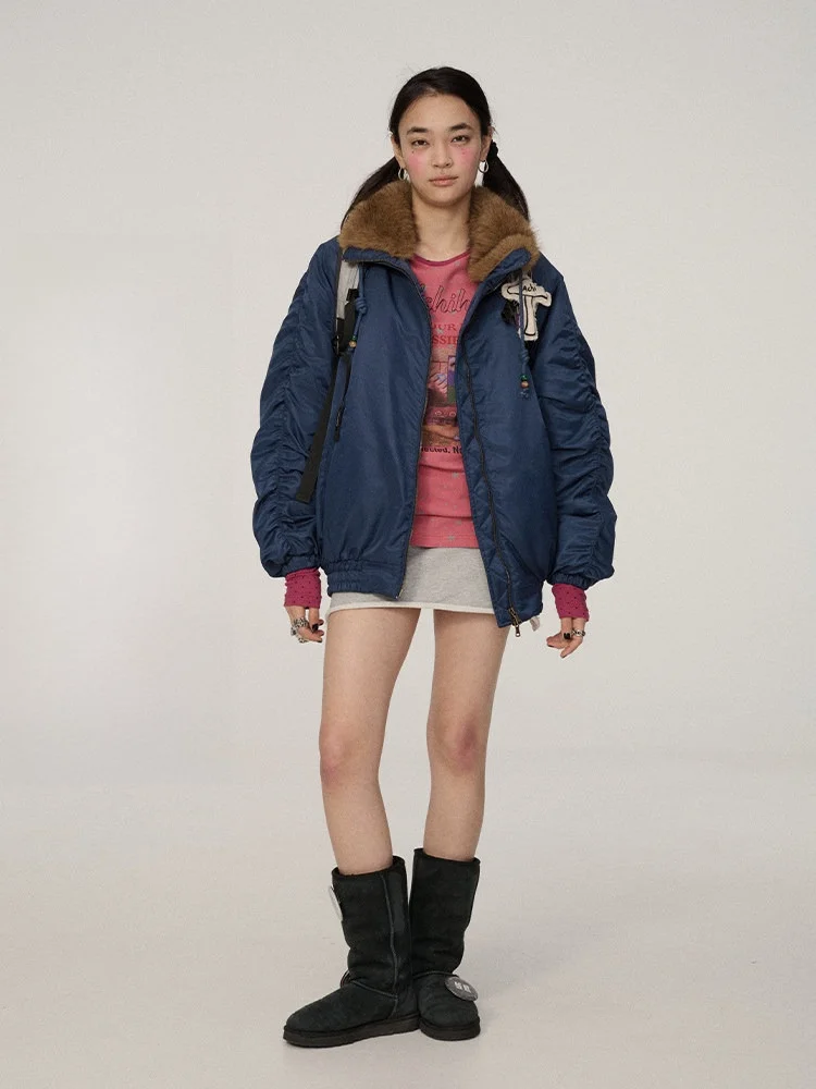 

Женская повседневная куртка Achihara из хлопка, новая коллекция Зима 2026, теплая, с меховым воротником, без стеганого утеплителя, с длинными рукавами, на молнии