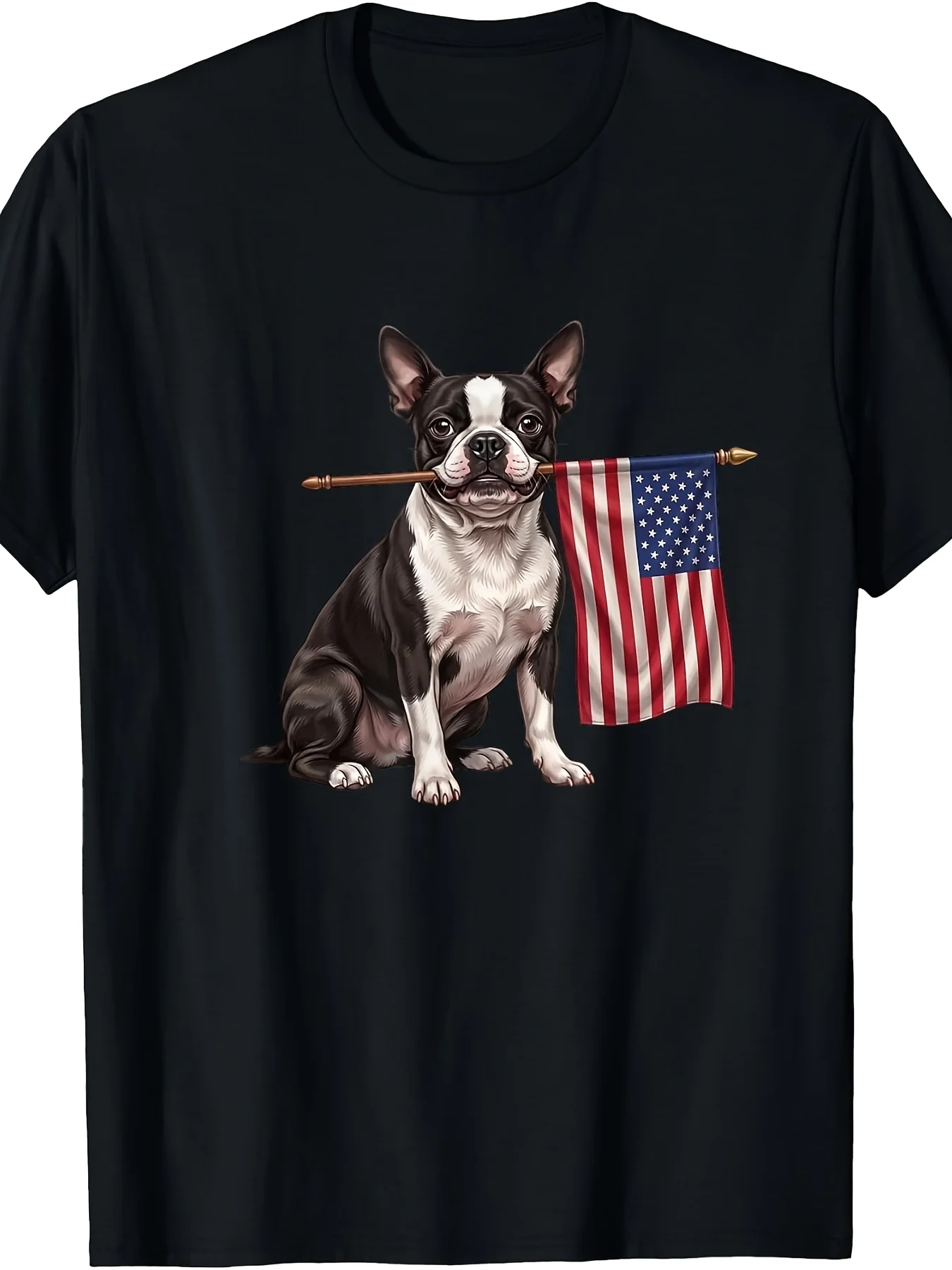 Retro Boston Terrier American Flag Patriotic Dog 4th of July TShirtRetro Casual Crew Neck Printed T-Shirt