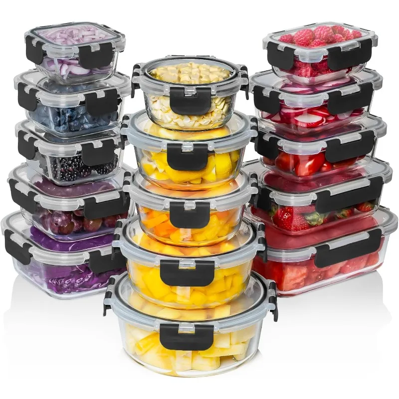 30 PC Glass Food Storage Containers with Lids - Reusable Glass Meal Prep Containers for Lunch and Leftovers - Airtight