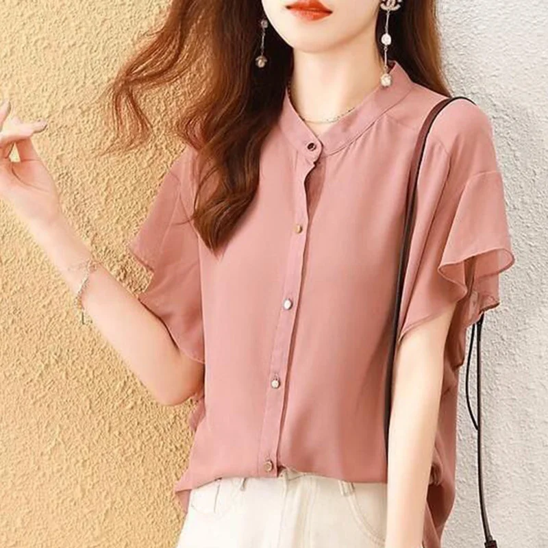 Elegant Solid Color Spliced Loose Ruffles Chiffon Shirt Women Clothing 2023 Summer New Casual Tops All-match Office Lady Blouse