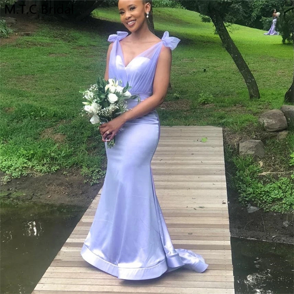 Custom Made Mermaid Baby Blue African Bridesmaid Dresses 4 Styles Off The Shoulder Floor Length Satin Wedding Party Gowns