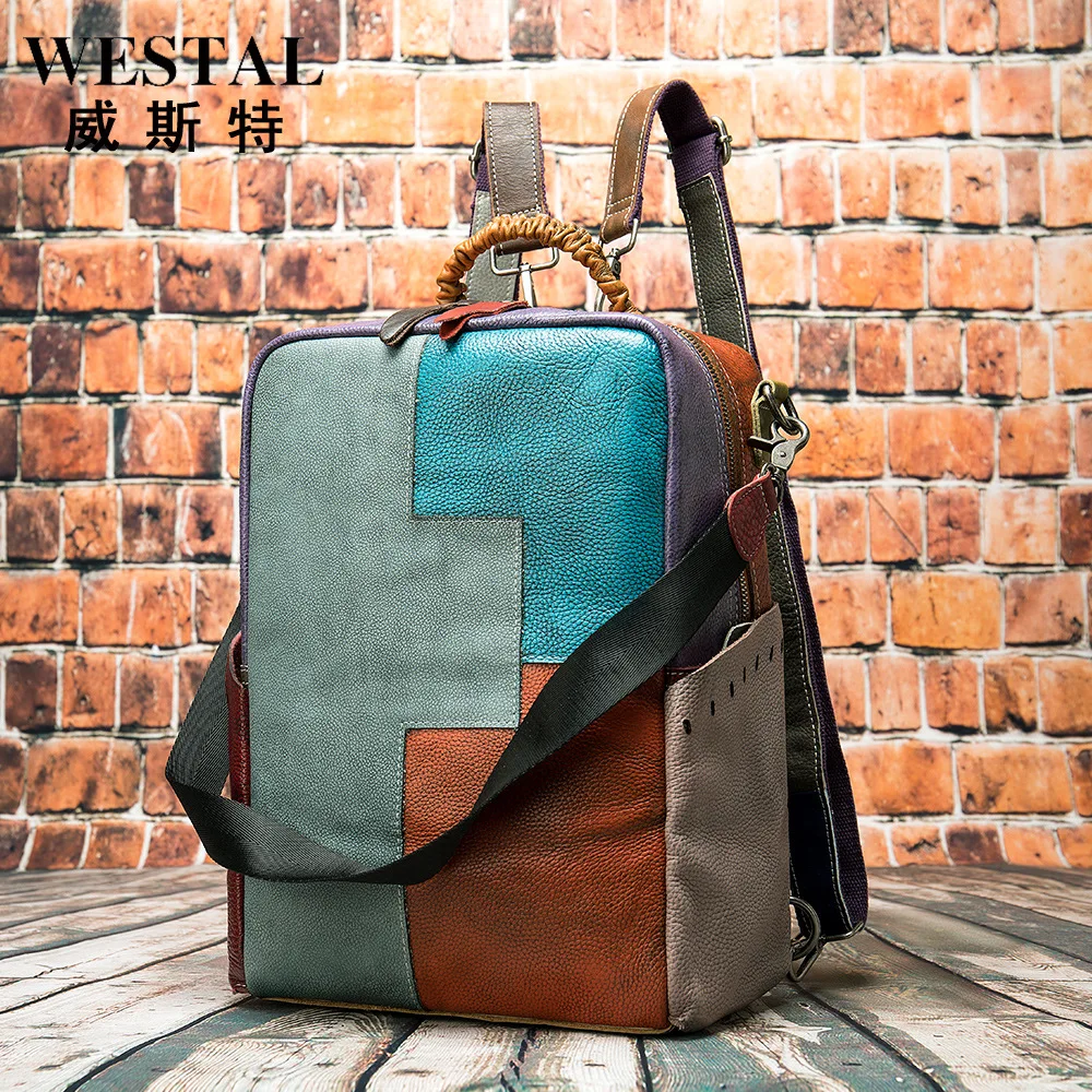 

Real Leather Women's Spliced Backpack with Diagonal Cross Handbag Spliced with Contrasting Colors Ethnic Style Backpack