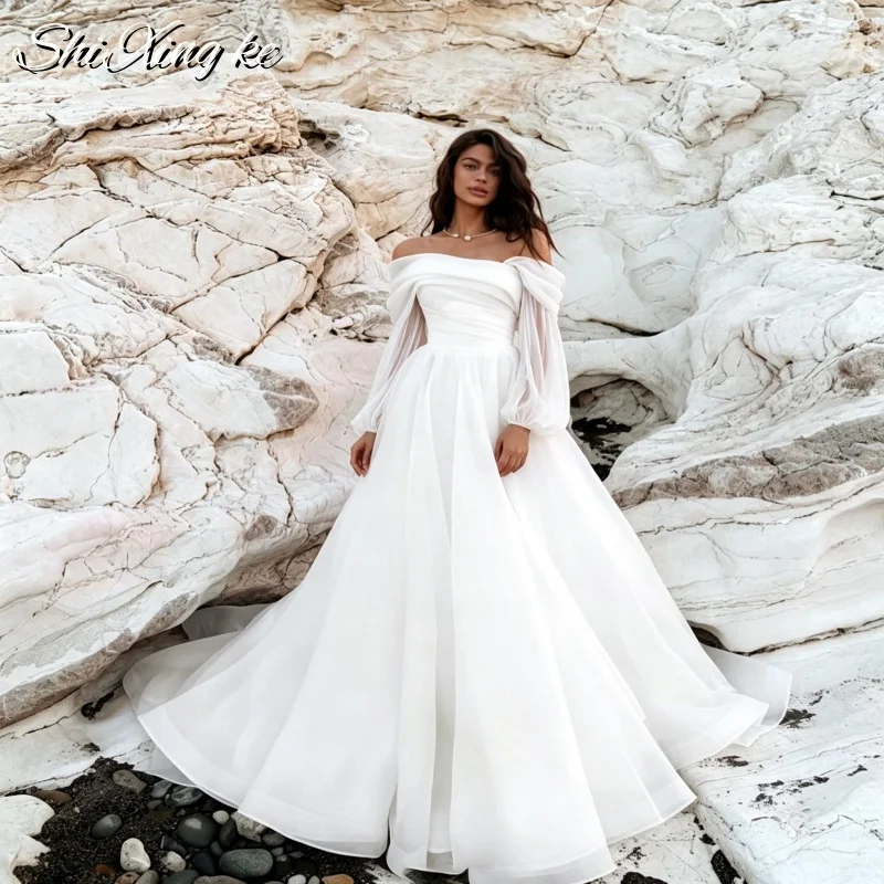 Shi Xing ke Lightweight Voile A‑Line Wedding Gown Off‑Shoulder Puff Sleeve Ceremony Customized