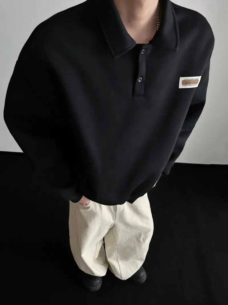 Autumn Men's Casual Solid Color Polo Neck Sweatshirt American Style Couple Loose Long Sleeve Turn down Collar Top Hoodies