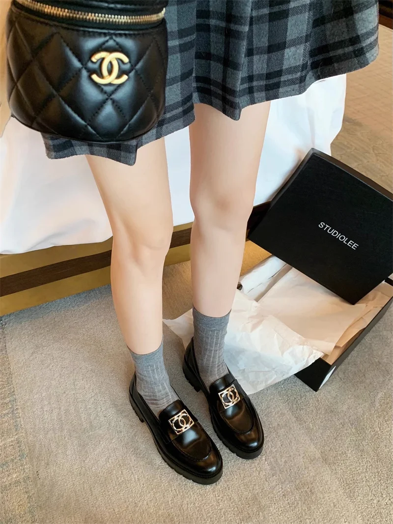 Fashion Punk Style Cow Leather Black Single Shoes Thick Platform Soft Sole Round Toe Comfort Low Top Casual Female Loafers