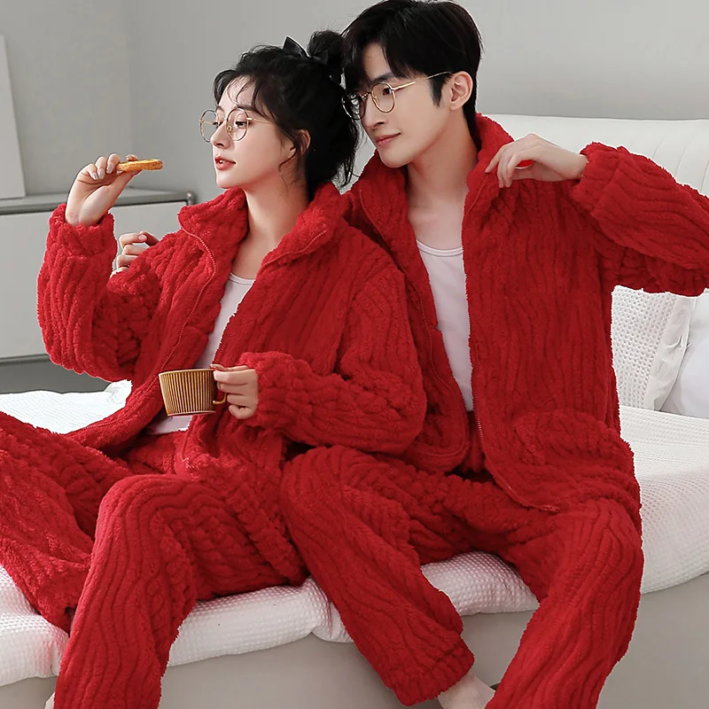 Wedding Red Color Pajamas Set for Winter Warm Zipper Home Clothes Women and Men Matching Sleepwear Married Nightwear Couples