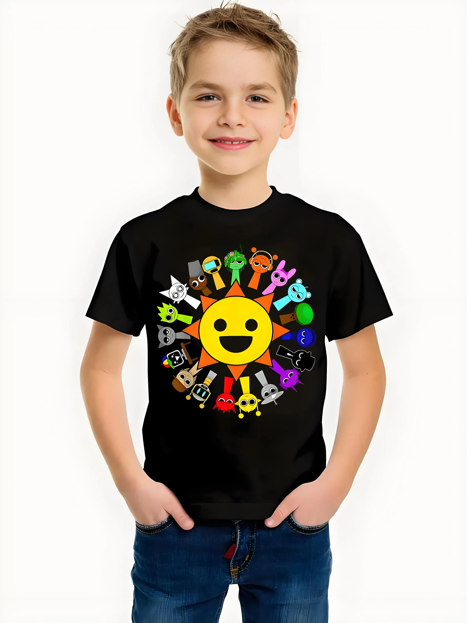 Camiseta infantil con estampado Incredibox Sprunki Rhythm Box Sun Edition, accesorios de juego de manga corta para niños y niñas