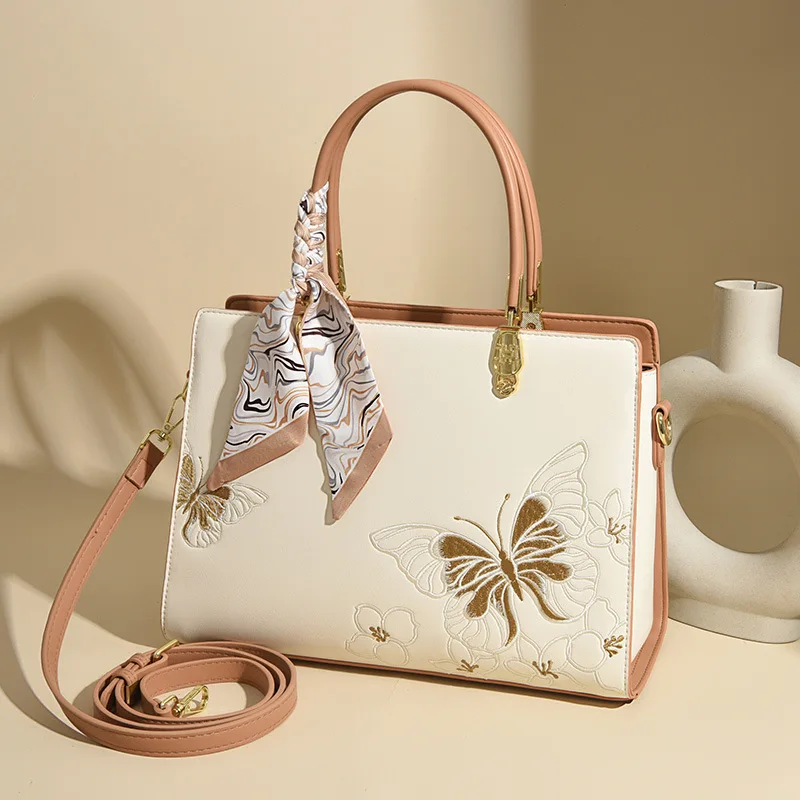 

Guofeng Leather Women's Bag New, Embroidered Butterfly Handbag, Atmospheric Commuter Model, High-end Ribbon