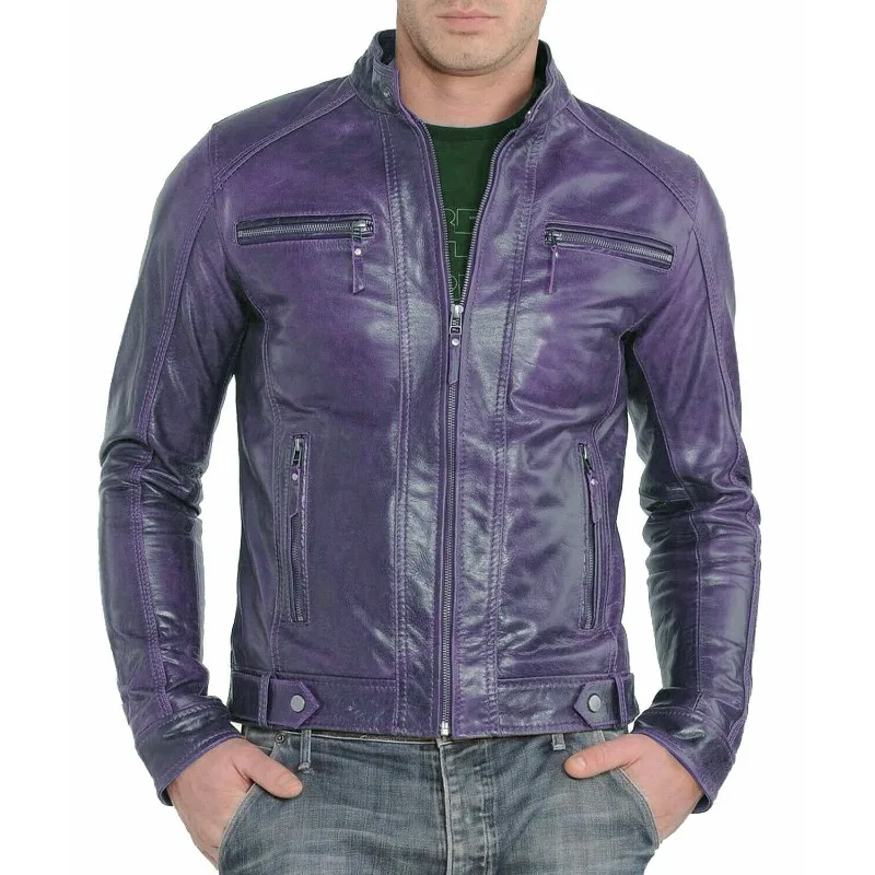 

Men's Purple Biker Jacket Genuine Lambskin Leather Cafe Racer Motorcycle Jacket