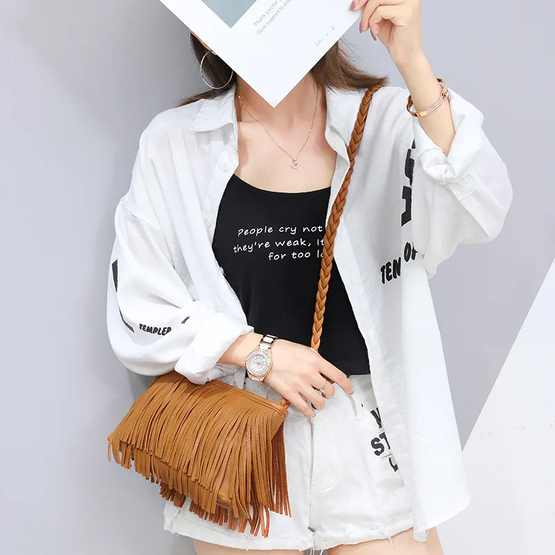 Vintage Designer Braid Strap Crossbody Bags Casual Tassel Shoulder Bag For Women, Ladies Faux Leather Handbags For Gift