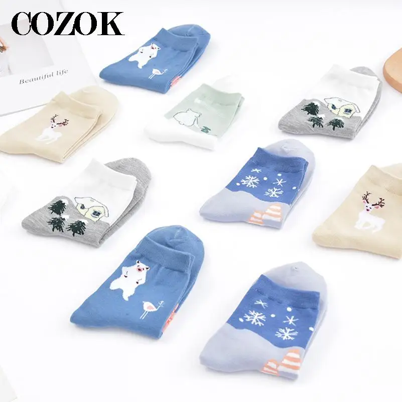 5Pairs/lot Kawaii Penguin Elk Cartoon Animal Womens Socks Fresh Style College Girls Lady Cute Cotton Sock Female Mid Tube Socks