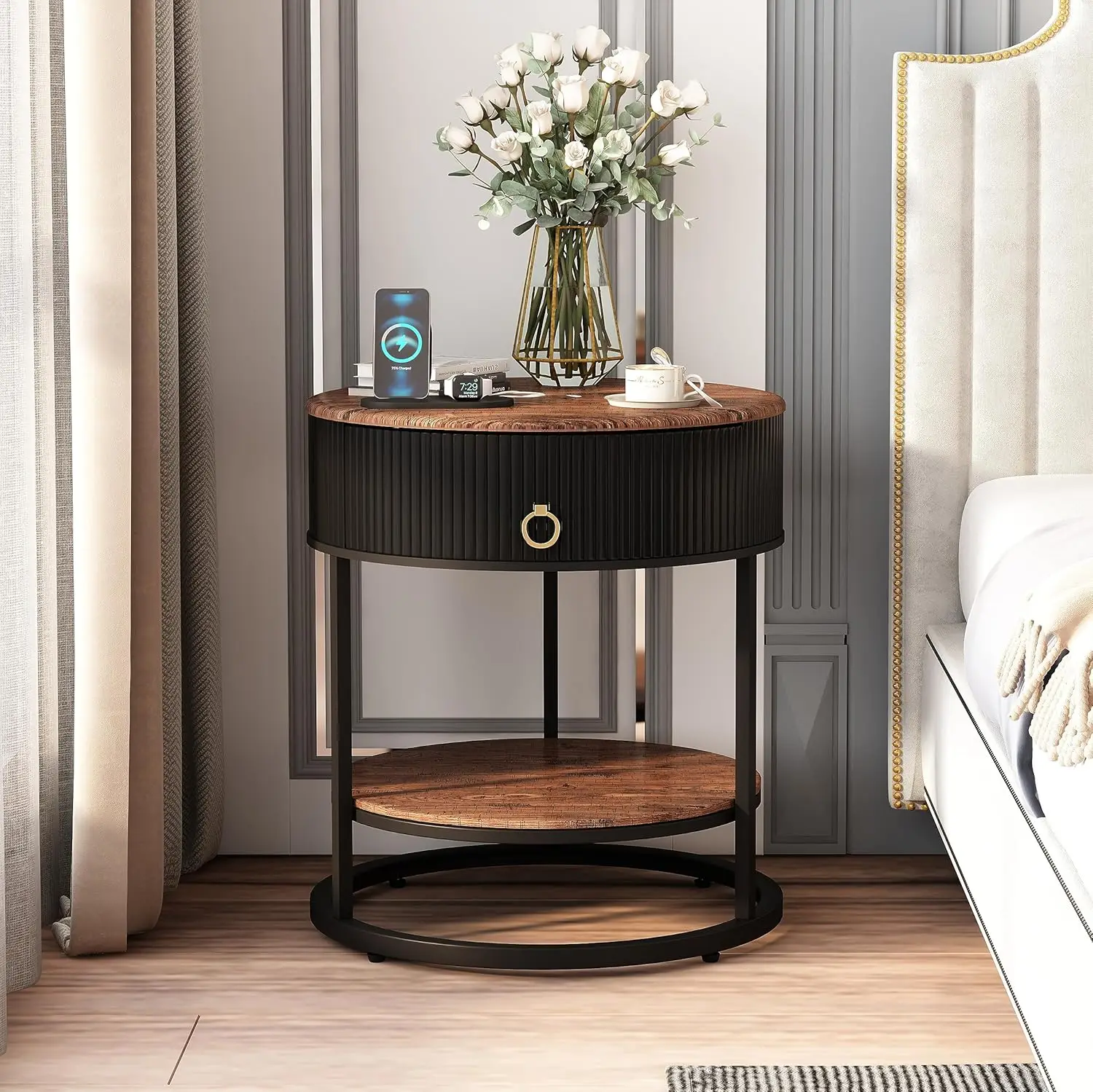 Round End Table with Drawer, Modern Wood Grain Side Table with Shelf, 2-Tier Nightstand with Drawer for Living Room, Bedroom