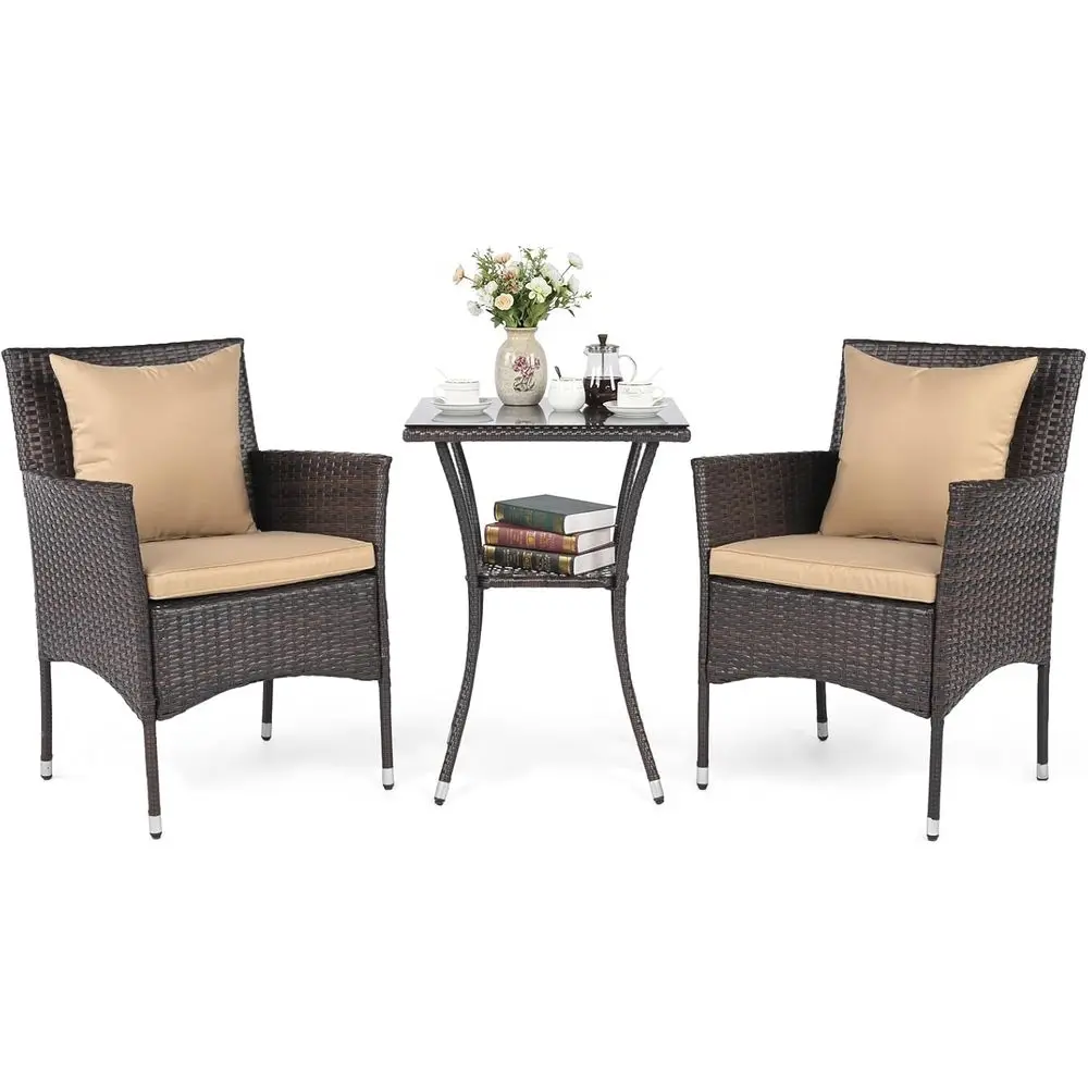 

3-Piece Outdoor Wicker Bistro Set with 2 Chairs and 2-Tier Glass Table, Cushioned, Suitable for Patio, Porch, Poolside (Brown &