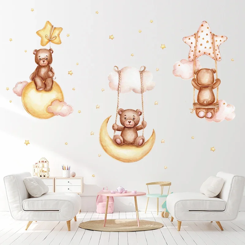 Cartoon Grey Baby Elephant Moon Gold Stars Wall Stickers for Kids Room Decor Nurserry Wall Decals Girl Boy Room Decorative