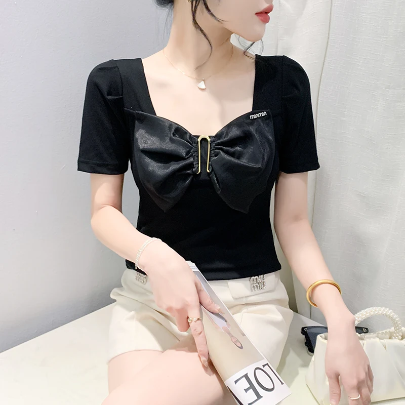 2024 New Summer European Clothes Cotton T-Shirt Chic Sexy Square Neck Patchwork Bowknot Women Tops Short Sleeve Hot Tees 44020