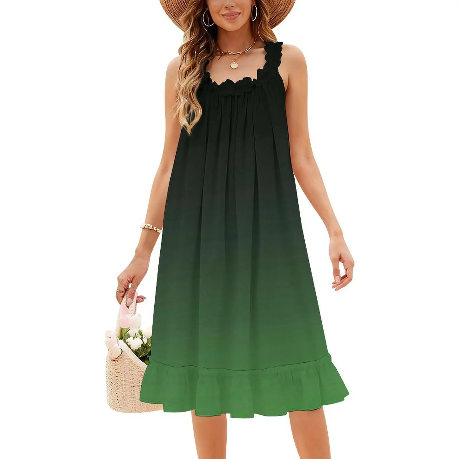 فستان قصير بنمط Preppy باللون الأخضر للنساء على شكل حرف A فستان كاجوال فضفاض مناسب للاستخدام اليومي أخضر متدرج بألوان بسيطة للفتيات #6