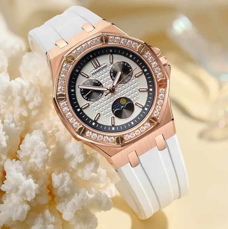 Hanbro Women Fashion Watch 37mm Ladies Quartz Wristwatch Luminous Waterproof Silicone Strap Week Date Triple Windows